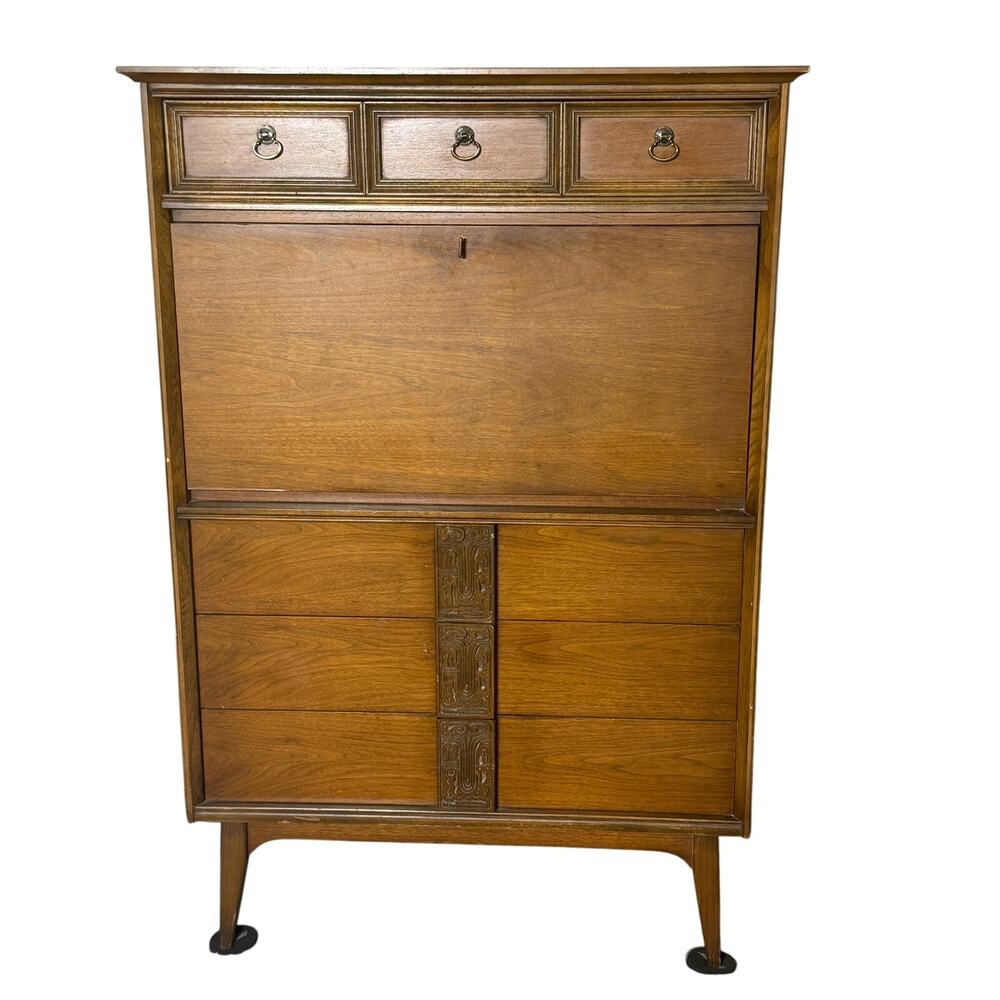Vintage 1960s Bassett Mayan Walnut Secretary Desk Highboy Mid Century Modern